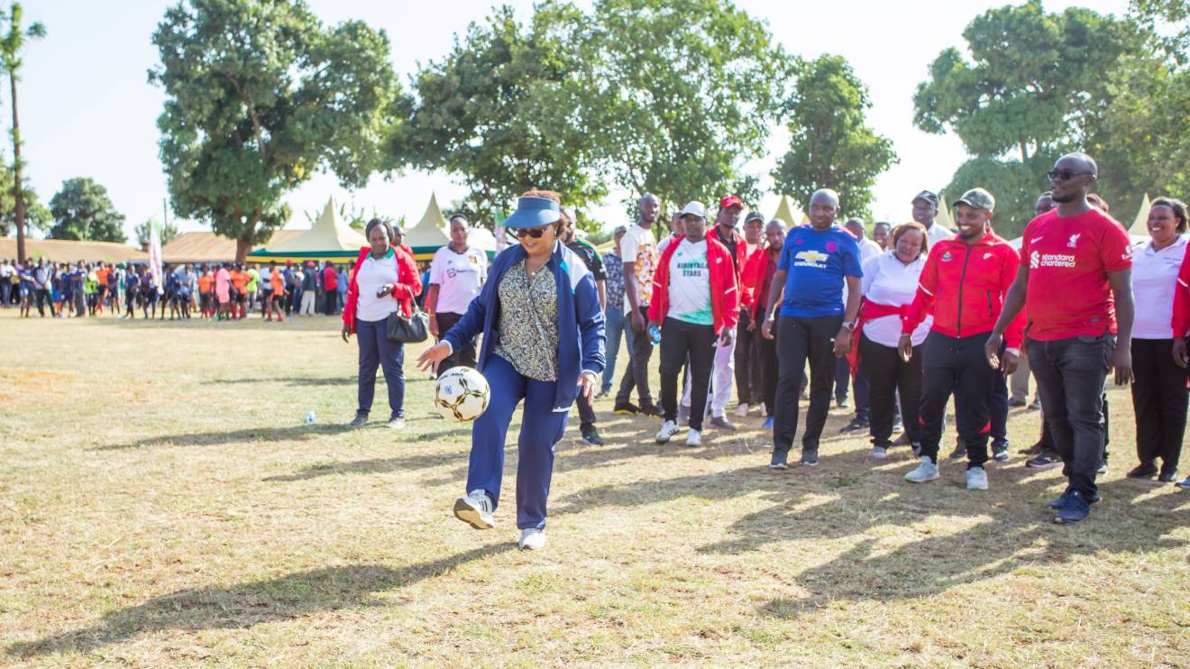 Anne Waiguru kicking off the ball during the launch of Governor Anne Waiguru Minji Minji Football Cup Season II. PHOTO/COURTESY